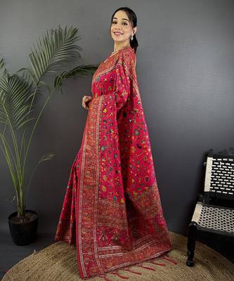 Rani pink pashmina silk meenakari weaving madhubani design kashmiri saree 2