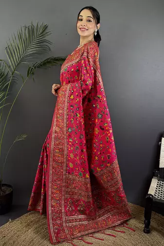 Rani pink pashmina silk meenakari weaving madhubani design kashmiri saree