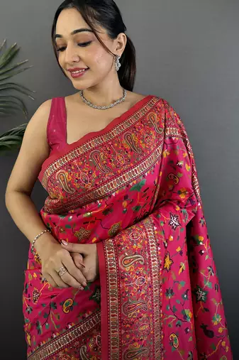 Rani pink pashmina silk meenakari weaving madhubani design kashmiri saree