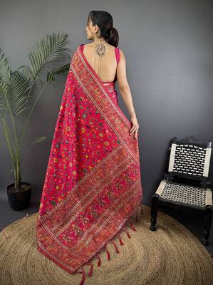 Rani pink pashmina silk meenakari weaving madhubani design kashmiri saree 4