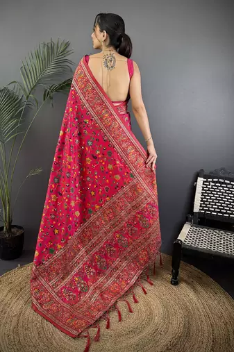 Rani pink pashmina silk meenakari weaving madhubani design kashmiri saree