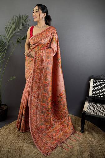 Peach pashmina silk  floral&paisley motifs madhubani design kashmiri saree