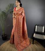 Peach pashmina silk   floral&paisley motifs madhubani design kashmiri saree