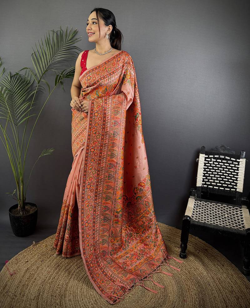 Peach pashmina silk  floral&paisley motifs madhubani design kashmiri saree