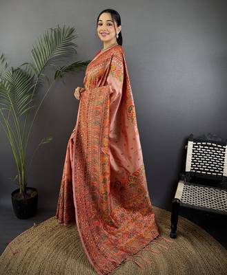 Peach pashmina silk   floral&paisley motifs madhubani design kashmiri saree 2