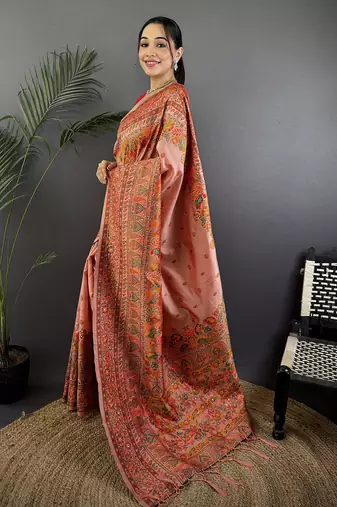 Peach pashmina silk   floral&paisley motifs madhubani design kashmiri saree