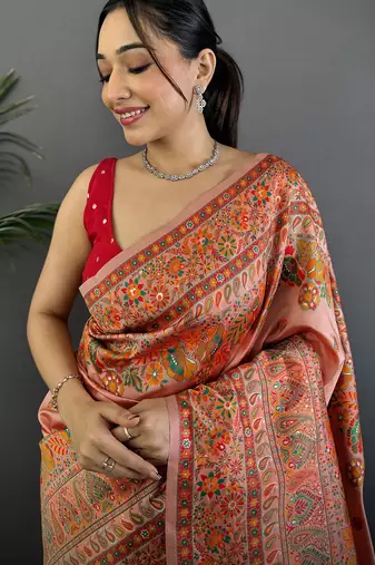 Peach pashmina silk   floral&paisley motifs madhubani design kashmiri saree