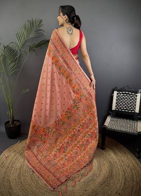 Peach pashmina silk   floral&paisley motifs madhubani design kashmiri saree 4