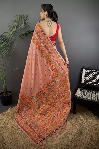 Peach pashmina silk   floral&paisley motifs madhubani design kashmiri saree
