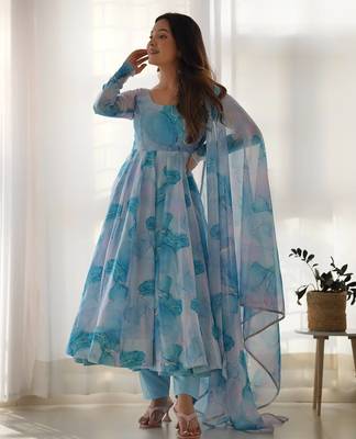 sky blue organza silk anarkali suit with marble print 2
