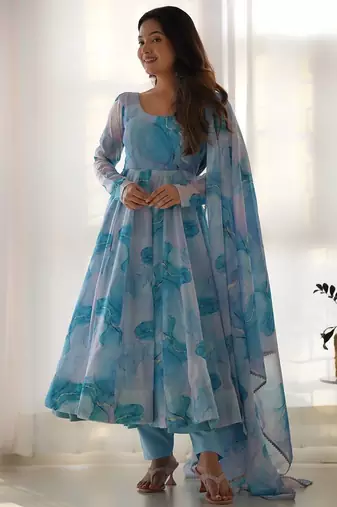 sky blue organza silk anarkali suit with marble print