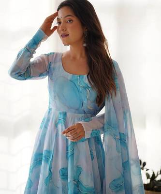 sky blue organza silk anarkali suit with marble print 4