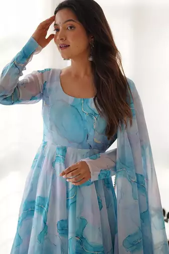 sky blue organza silk anarkali suit with marble print
