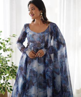 navy blue organza silk anarkali suit with marble print 1