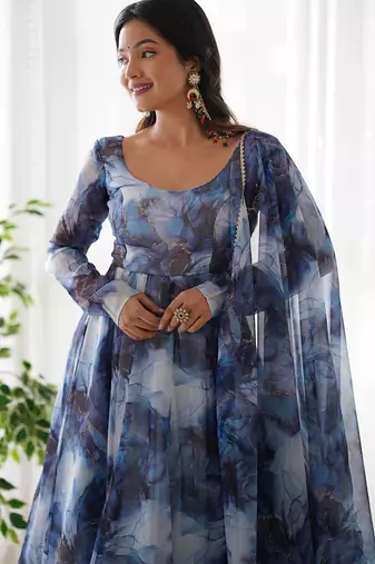 navy blue organza silk anarkali suit with marble print