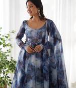 navy blue organza silk anarkali suit with marble print