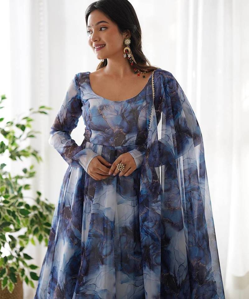 navy blue organza silk anarkali suit with marble print