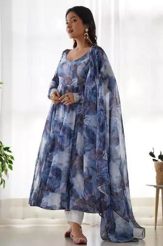 navy blue organza silk anarkali suit with marble print