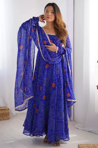 blue georgette anarkali suit set with printed work