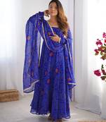 blue georgette anarkali suit set with printed work