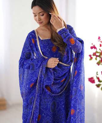 blue georgette anarkali suit set with printed work 2