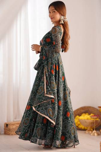 green georgette anarkali suit set with printed work