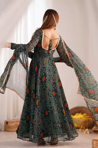 green georgette anarkali suit set with printed work