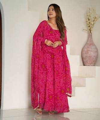 pink georgette anarkali set with printed design 1