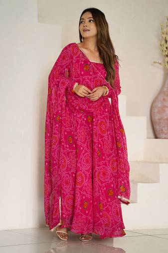 pink georgette anarkali set with printed design