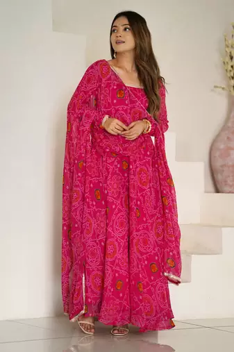pink georgette anarkali set with printed design