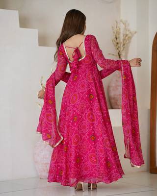 pink georgette anarkali set with printed design 4