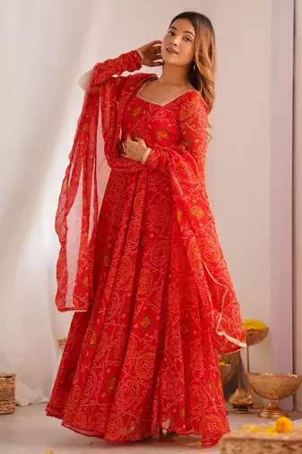 red georgette anarkali suit set with printed work
