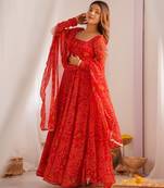 red georgette anarkali suit set with printed work