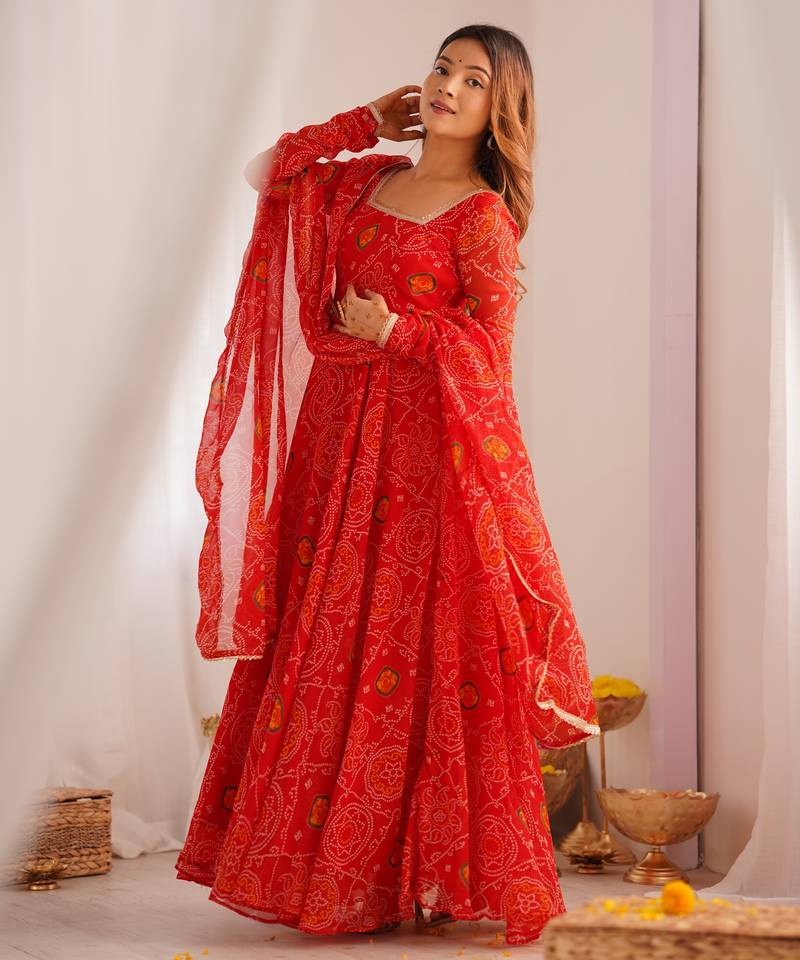 red georgette anarkali suit set with printed work