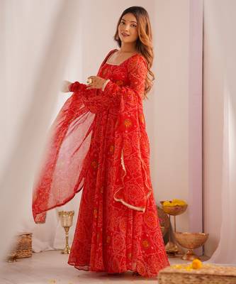red georgette anarkali suit set with printed work 4