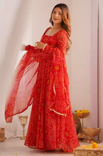 red georgette anarkali suit set with printed work