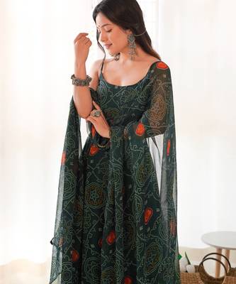 green georgette anarkali set with printed work 1