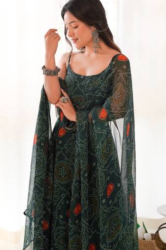 green georgette anarkali set with printed work