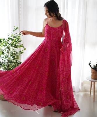 pink printed georgette anarkali suit 1
