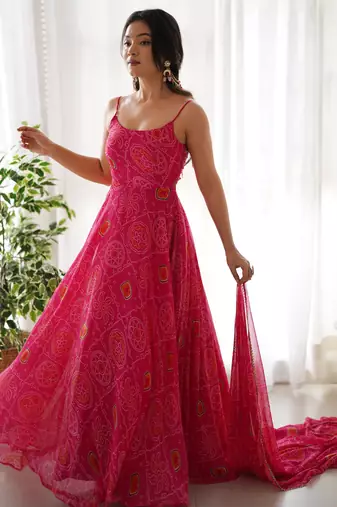 pink printed georgette anarkali suit