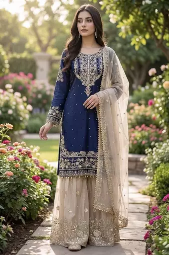Navy blue embroidered kurta sharara set with silk dupatta party wear