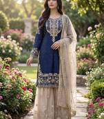 navy blue embroidered silk kurta sharara set