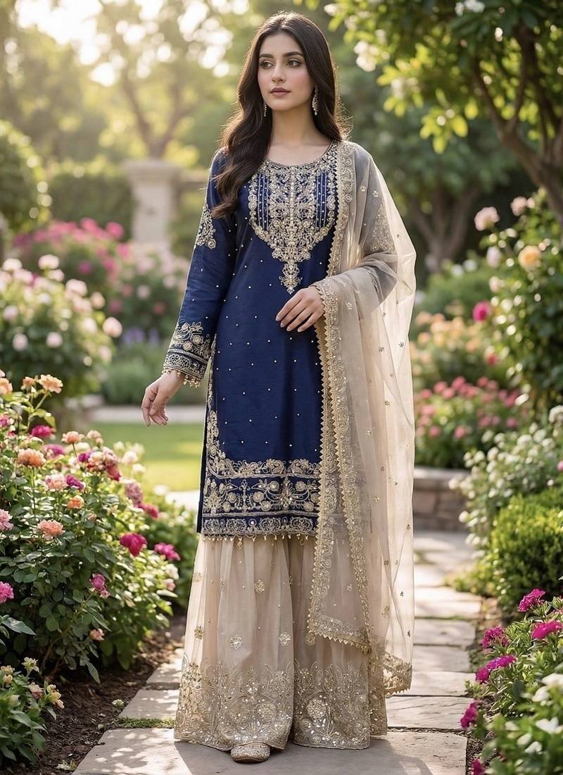 Navy blue embroidered kurta sharara set with silk dupatta party wear