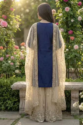 navy blue embroidered silk kurta sharara set