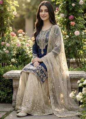 navy blue embroidered silk kurta sharara set 3