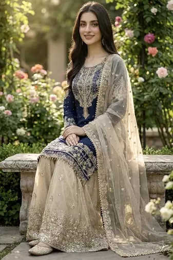 navy blue embroidered silk kurta sharara set