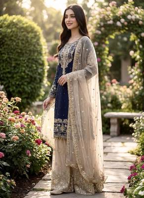 navy blue embroidered silk kurta sharara set 4