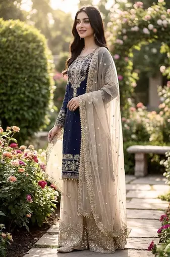 navy blue embroidered silk kurta sharara set