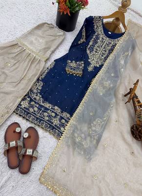 navy blue embroidered silk kurta sharara set 5