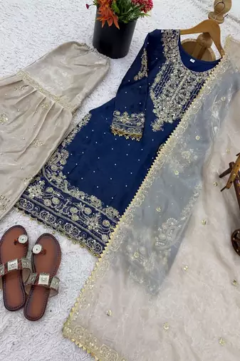 navy blue embroidered silk kurta sharara set